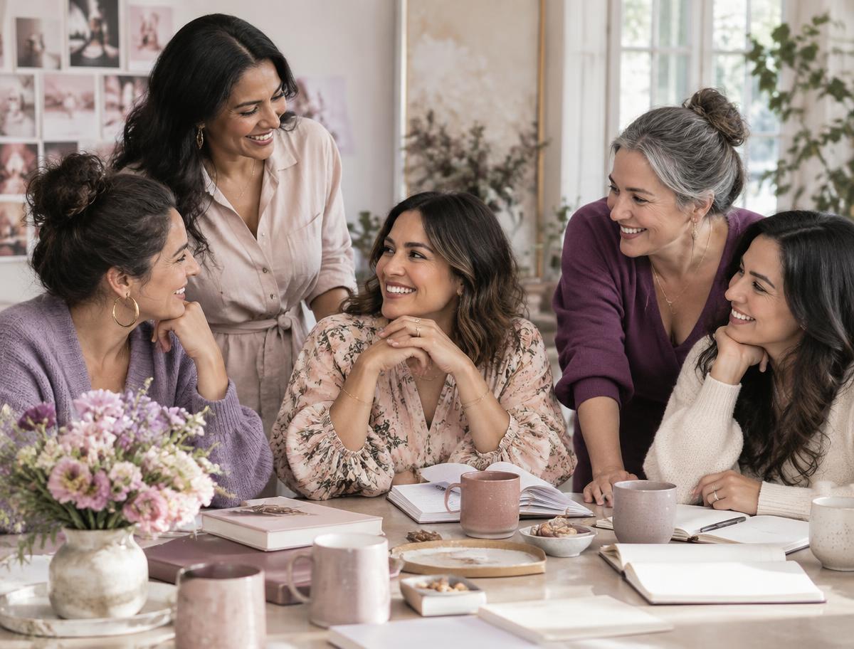 Mujeres compartiendo y creciendo juntas alrededor de una mesa